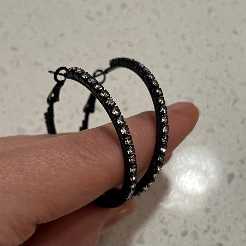 Classic Elegant Rhinestone Black Round Hoop Earrings - Picture 8 of 10